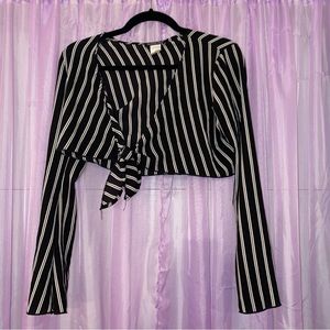 Fashion Nova Black and White Stripe long Sleeve Tie Crop Top
